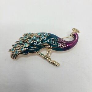 Vintage Signed Napier Peacock Brooch Green Purple Enamel Rhinestone Pin